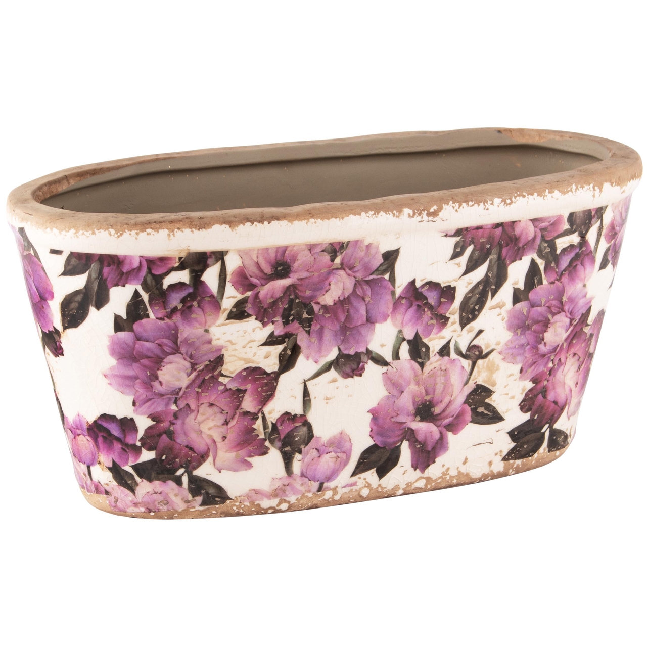 Dekoratief | Bloempot ovaal 'Purple Flowers', keramiek, 23x11x11cm | A240837