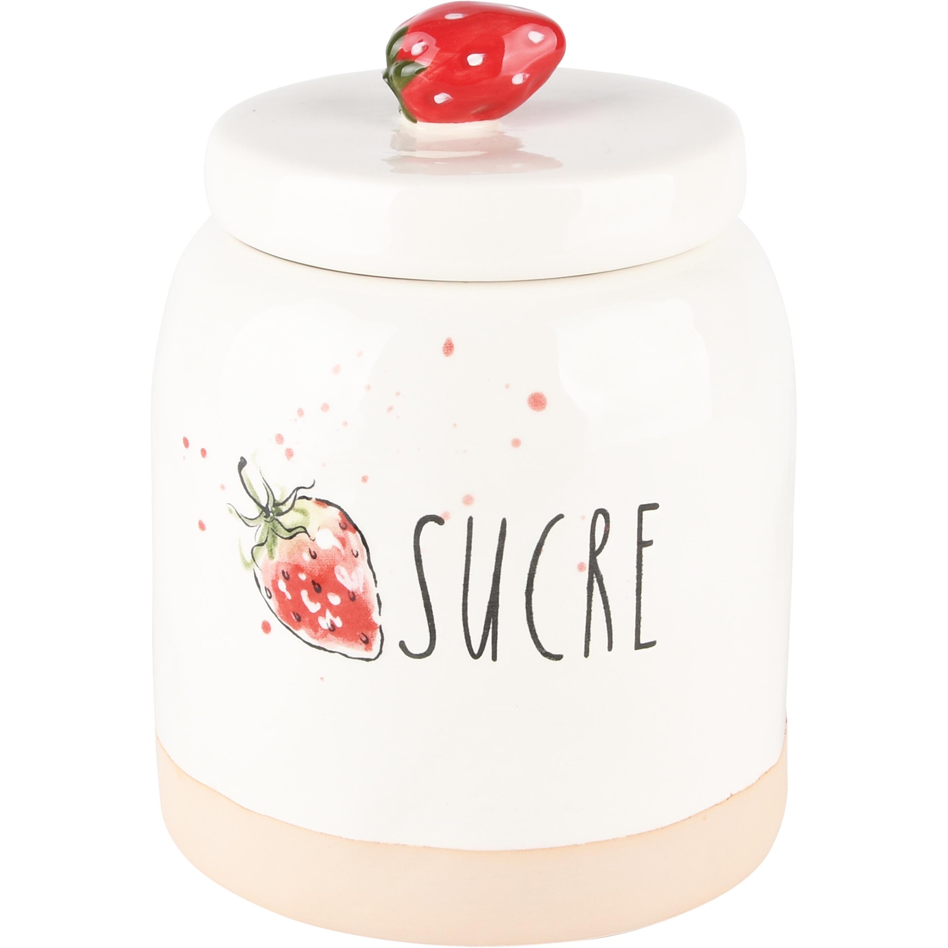 Dekoratief | Bewaarpot 'Sucre' m/aardbeien, wit/rood, keramiek, 12x12x16cm | A240795