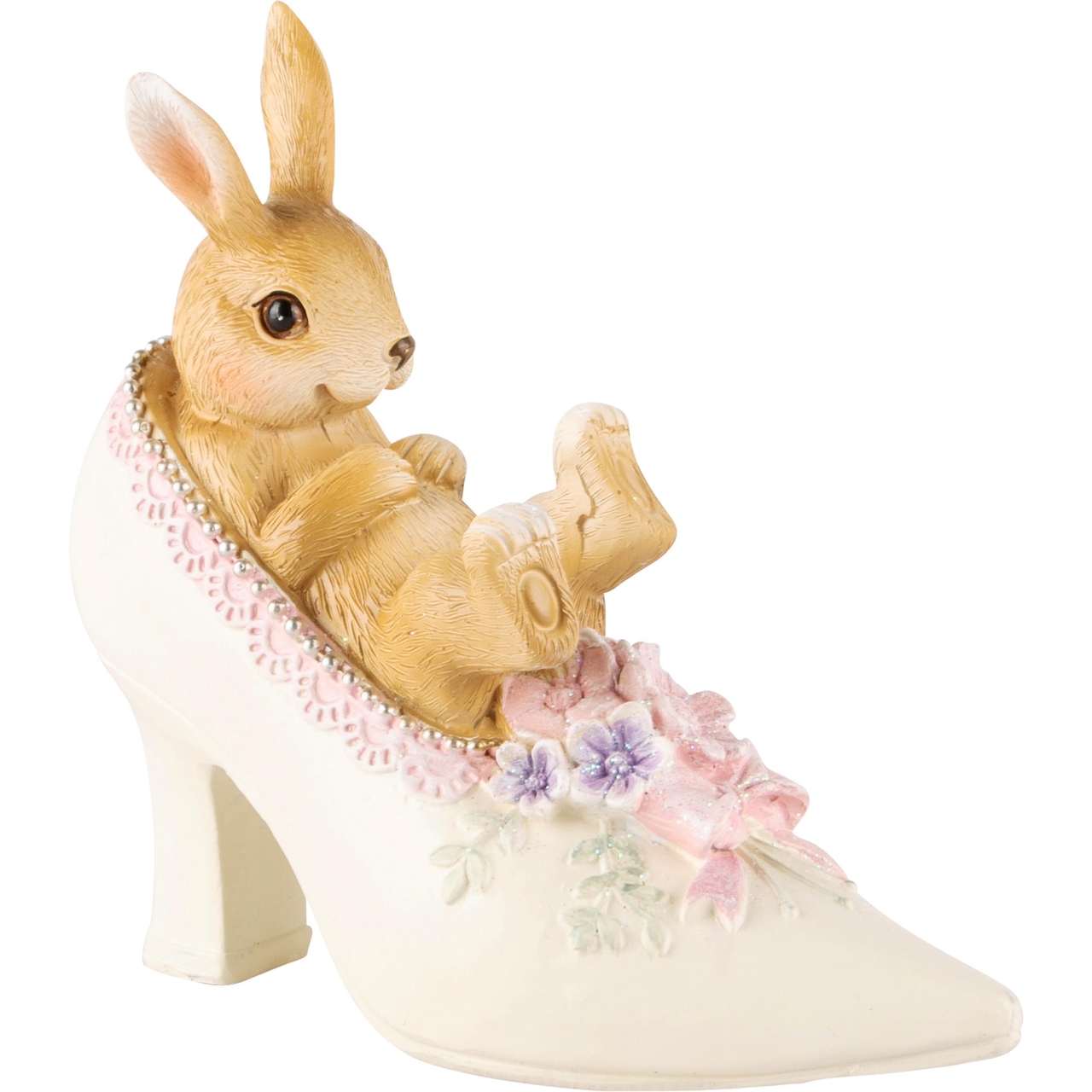 Dekoratief | Bunny in schoen, roze/wit/bruin, resina, 13x5x11cm | A240133