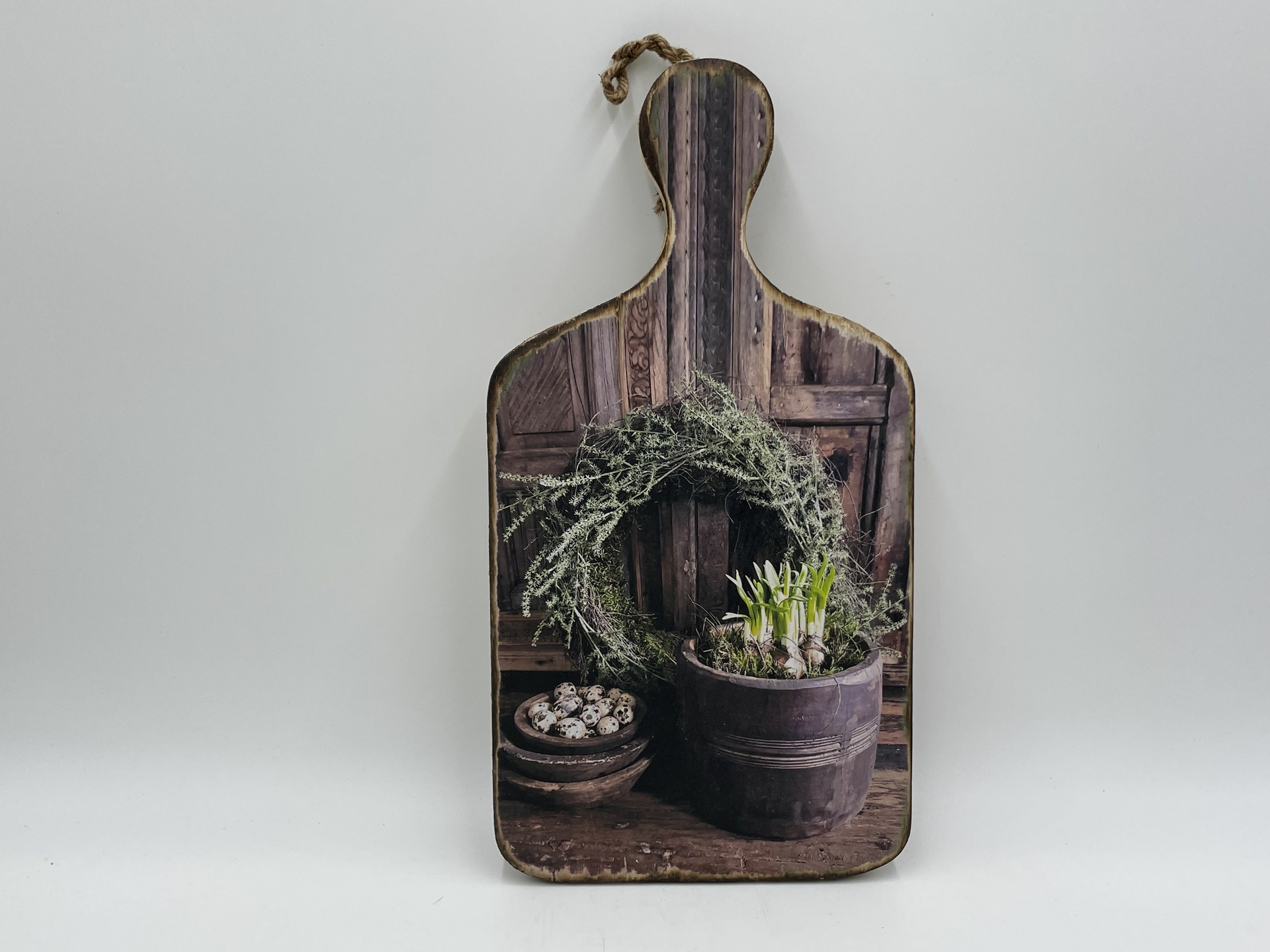 Decoratie broodplank met print krans bloempot & kwarteleitjes 35,5 cm x 18,5 cm touw maat M | Stoer & Sober | 431499 | Home Sweet Home