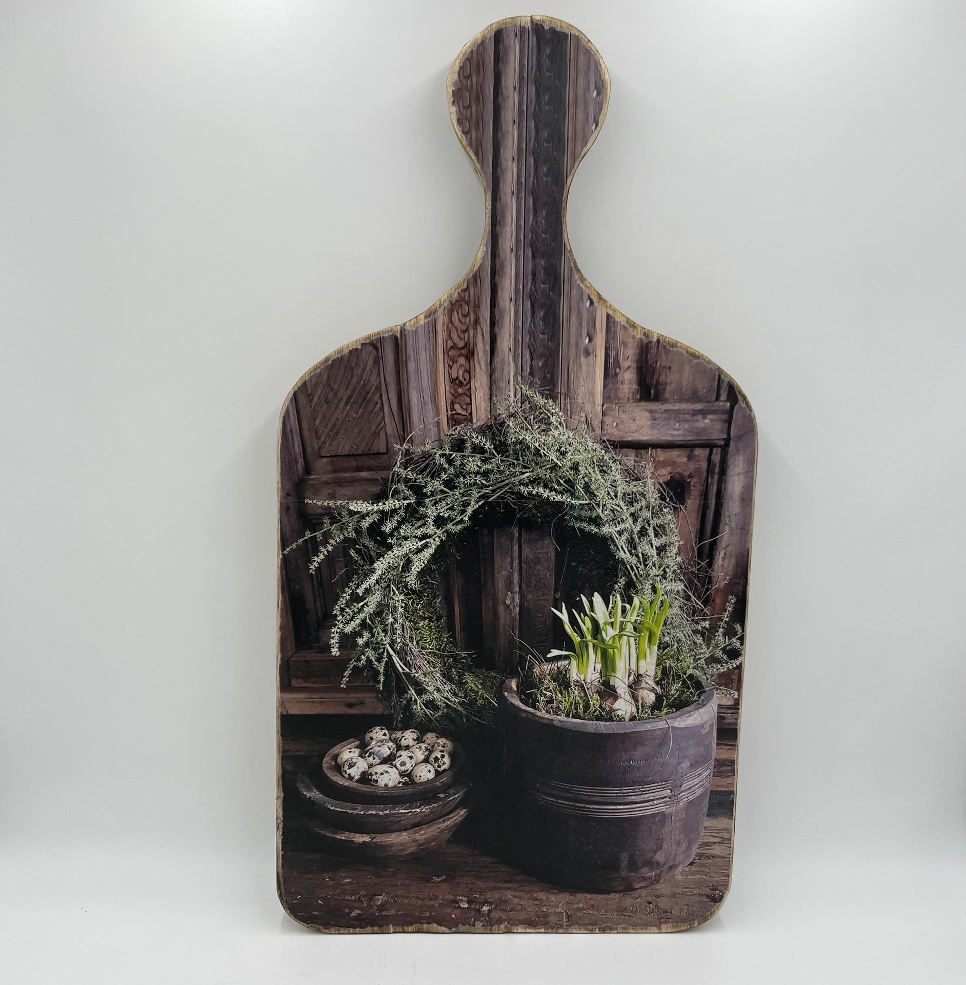 Decoratie broodplank met print krans bloempot & kwarteleitjes 65 cm x 33,8 cm touw maat XL | Stoer & Sober | 429420 | Home Sweet Home