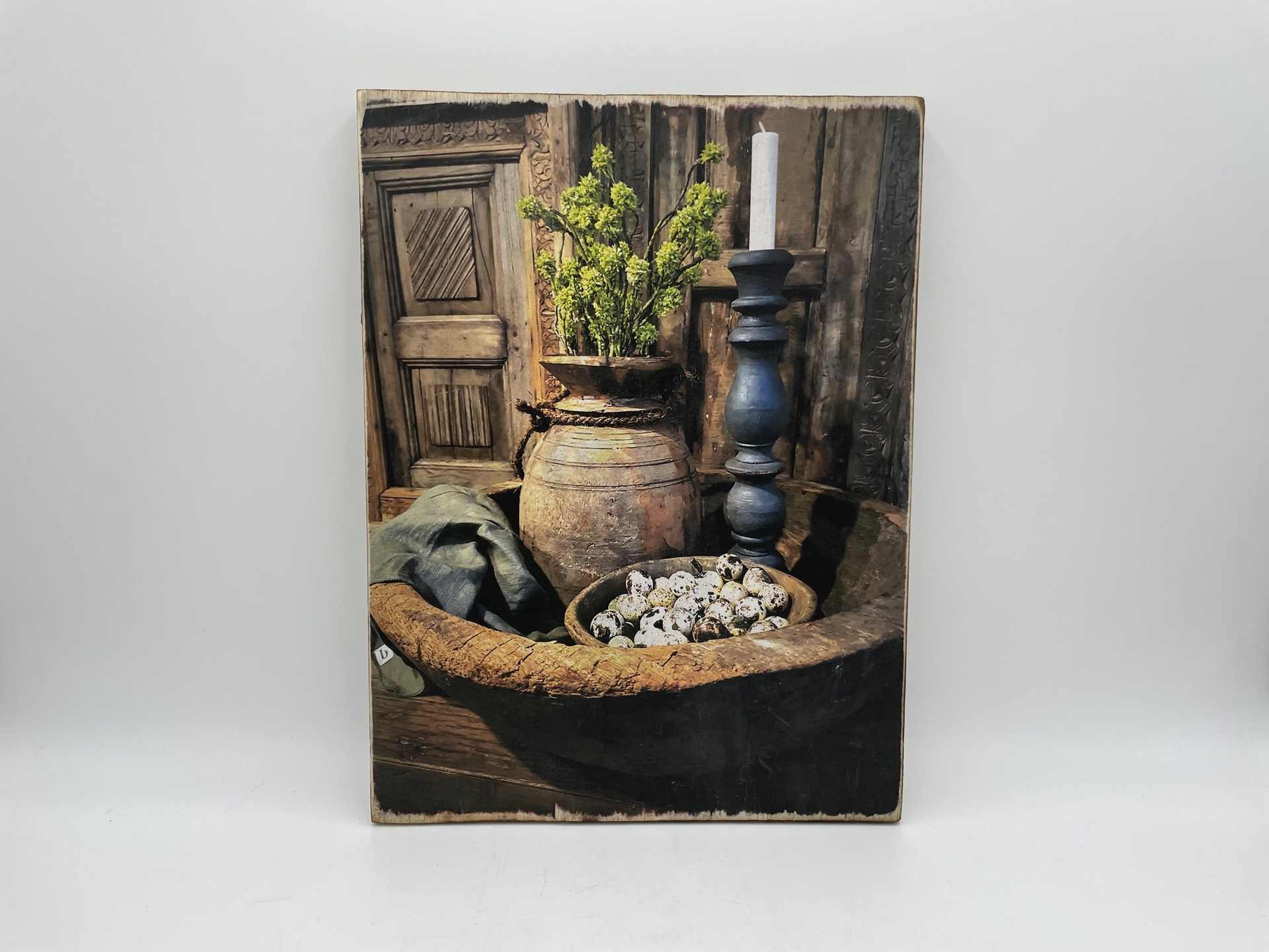 Decoratie bord hout met print Nepalese pot kandelaar & kwarteleitjes 40 x 30 cm touw | Stoer & Sober | 539564 | Home Sweet Home