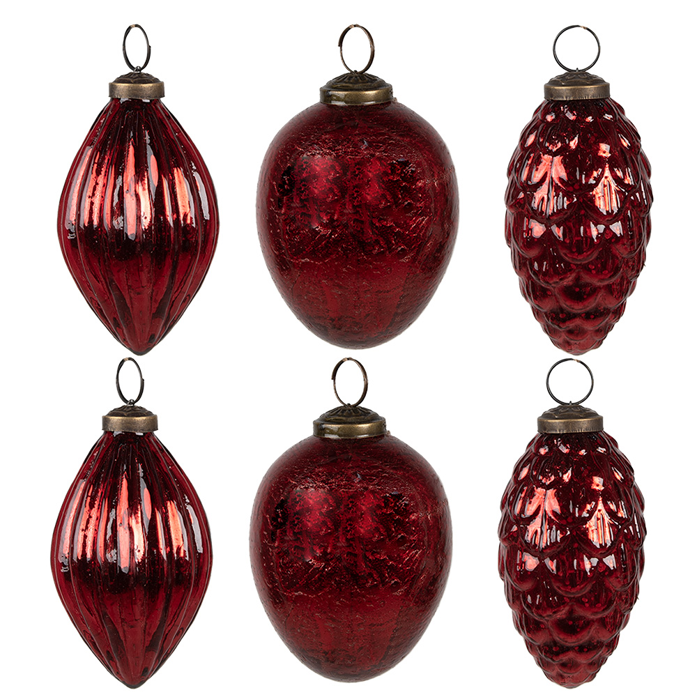 Clayre & Eef | Kerstballen Set van 6 Rood 24x23x9 cm / ø 5x10 cm | 6GL4507