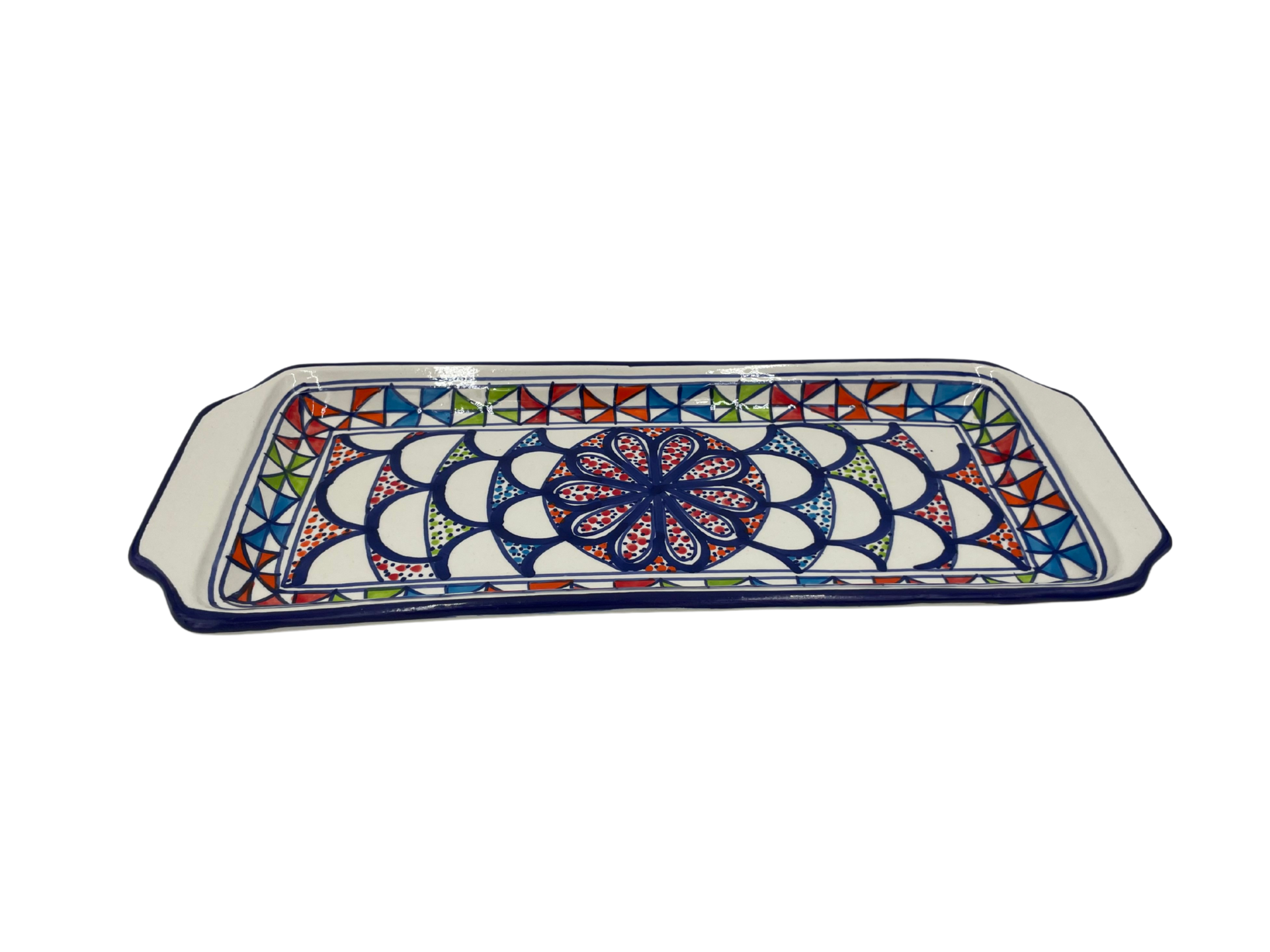 Cake schaal Naoura serveerschaal handgemaakt 35 x 14 cm groen rood blauw | CP.NA.30 | Dishes & Deco