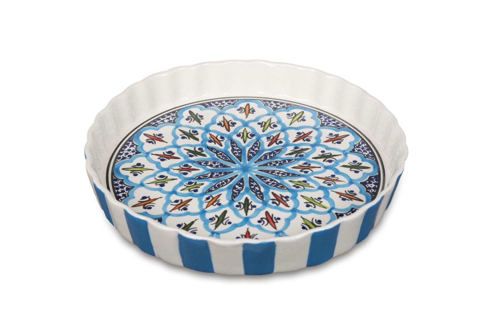 Quicheschaal taartvorm Turquoise blue fine serveerschaal handgemaakt Ø 24 rond blauw wit | QU.TF.30 | Dishes & Deco