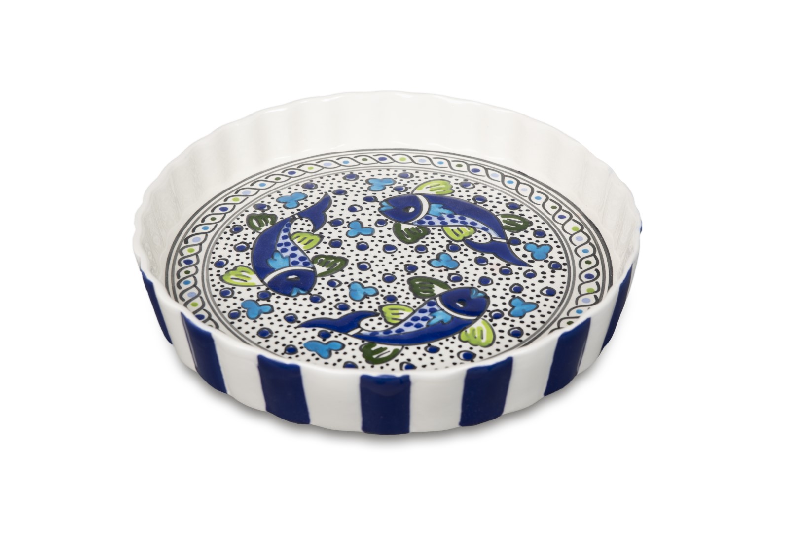 Quicheschaal taartvorm Poisson serveerschaal handgemaakt Ø 24 rond blauw wit vissen | QU.PO.30 | Dishes & Deco