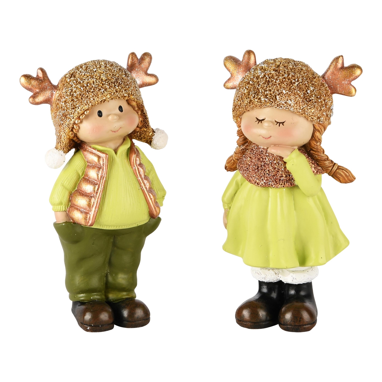 Dekoratief | Winterkindje staand m/muts, groen, resina, 7x4x14cm, set van 2 stuks | A245107