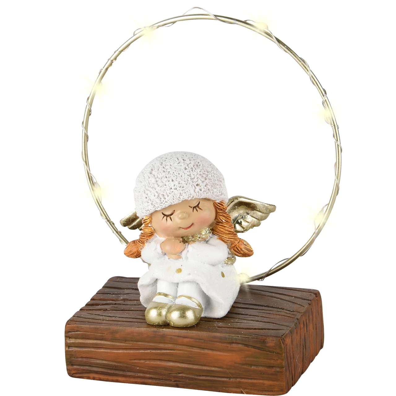 Dekoratief | Engeltje in boog, wit/bruin, resina, LED, 11x5x13cm | A245139