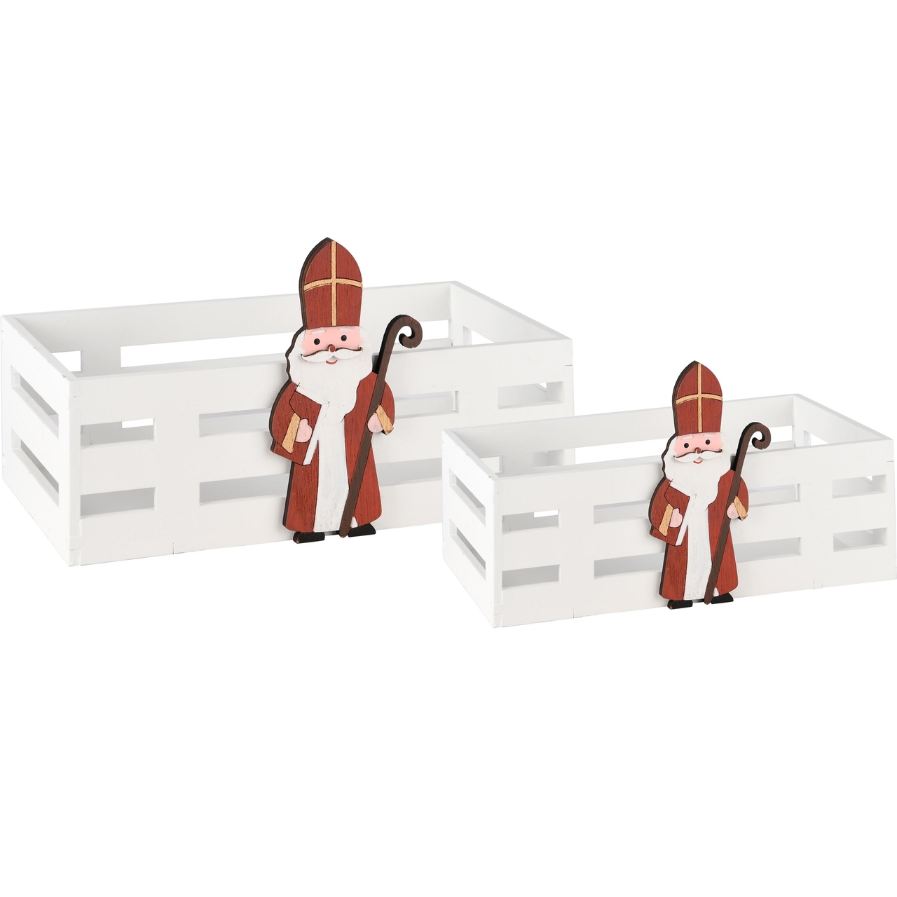 Dekoratief | Set 2 bakjes m/sinterklaas, wit/rood, hout, 22x13x8cm | A245688