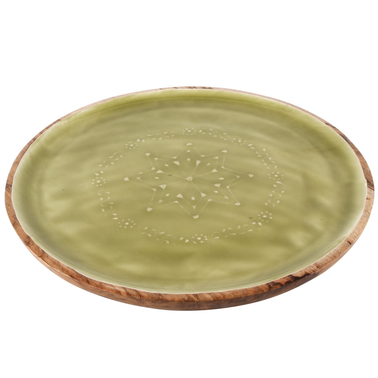 Dekoratief | Dienblad rond, naturel/groen, hout/enamel, 30x30x4cm | A248085