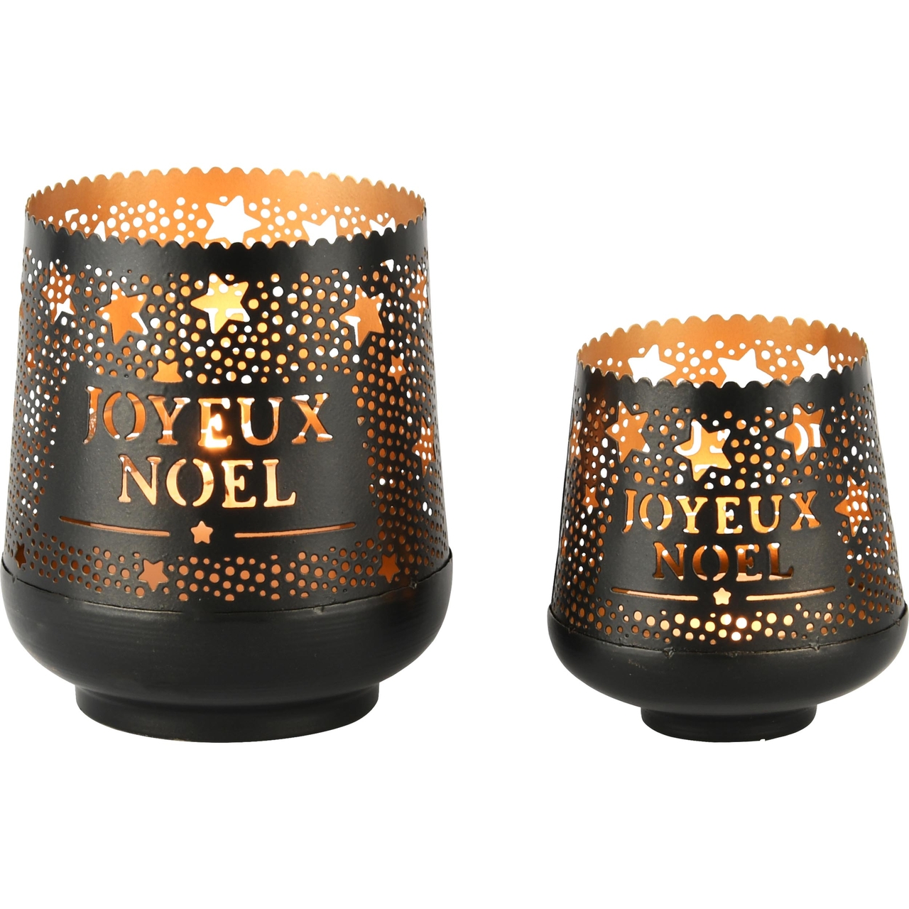 Dekoratief | Set 2 Waxinelichthouders 'Joyeux No‰l', zwart/goud, metaal, 13x13x10cm | A248203