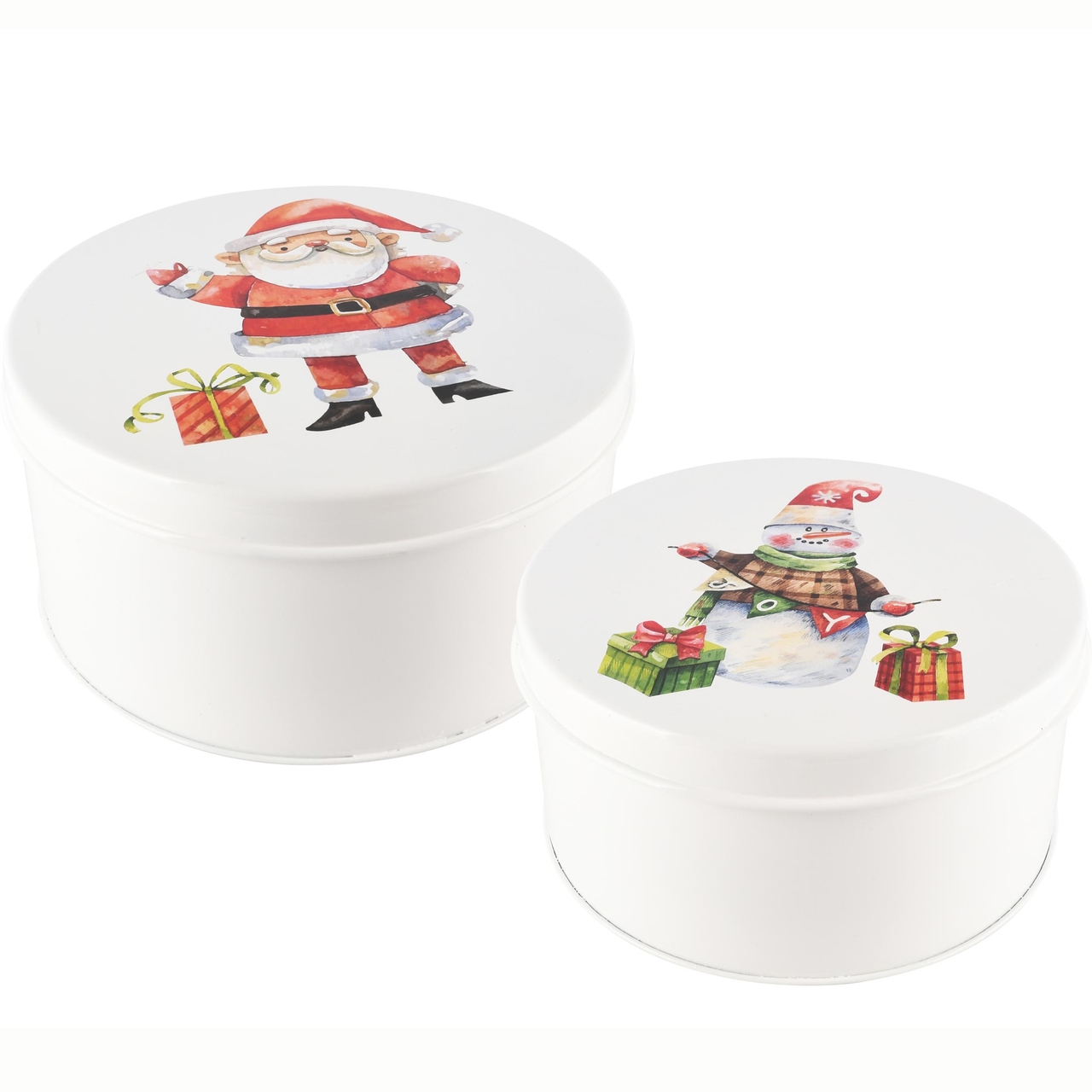 Dekoratief | Set 2 bewaardozen 'Santa/Snowman', wit, metaal, 20x20x10cm | A248231