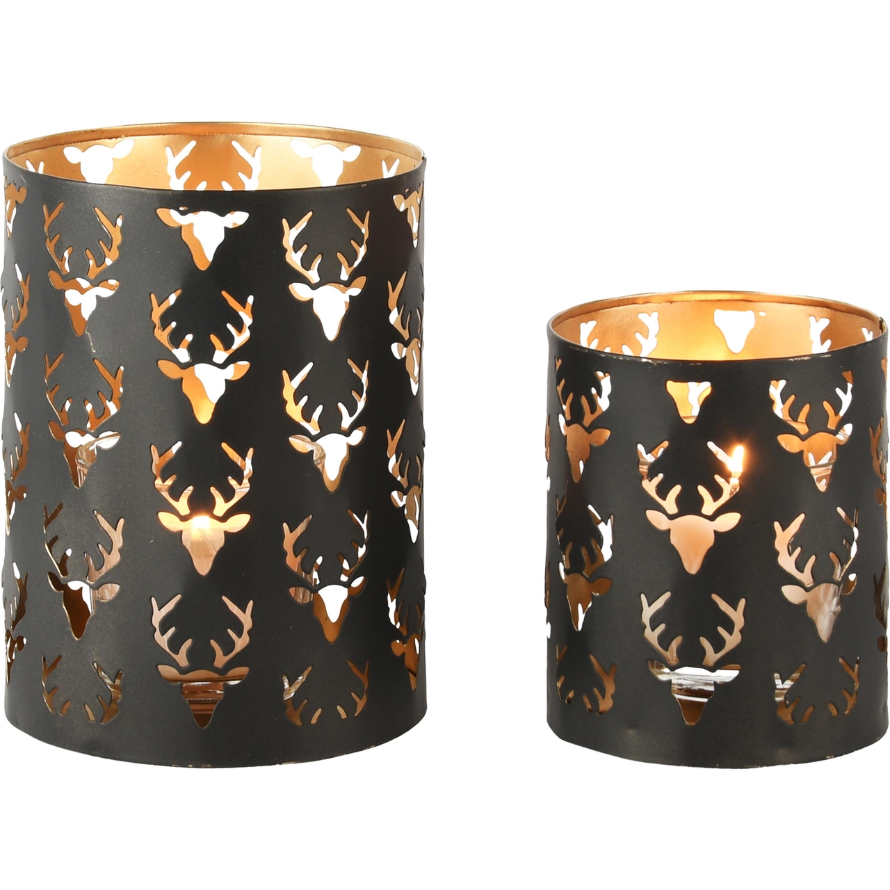 Dekoratief | Set 2 Waxinelichthouders 'Lovely Deer', zwart/goud, metaal, 13x13x18cm | A248265