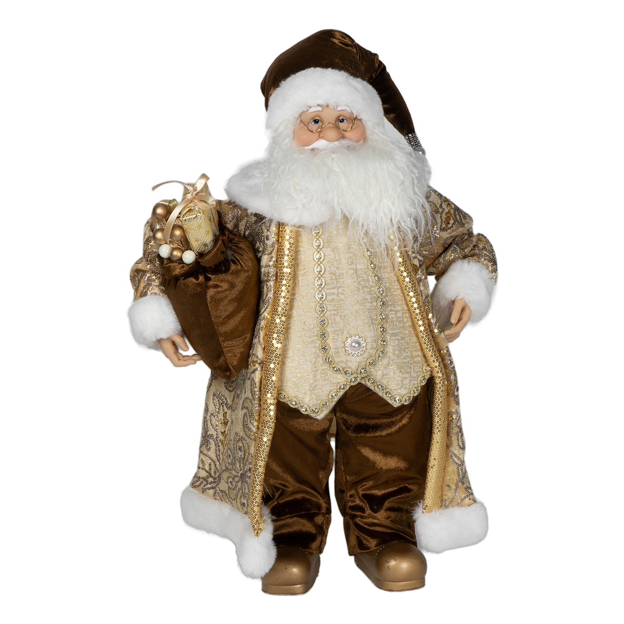 Dekoratief | Santa staand m/zak, goud/bruin, polyester, 66cm | A249051