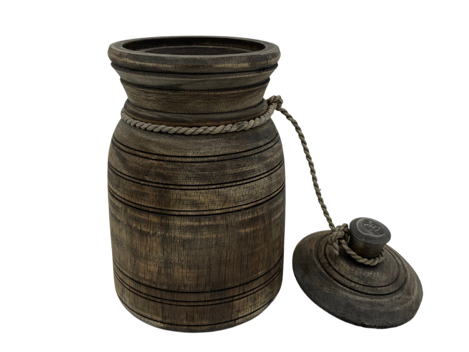 Nepalese kruik pot groot met deksel & touw hout vintage bruin 30 x 15 cm | Stoer & Sober | HSH932937 | Home Sweet Home