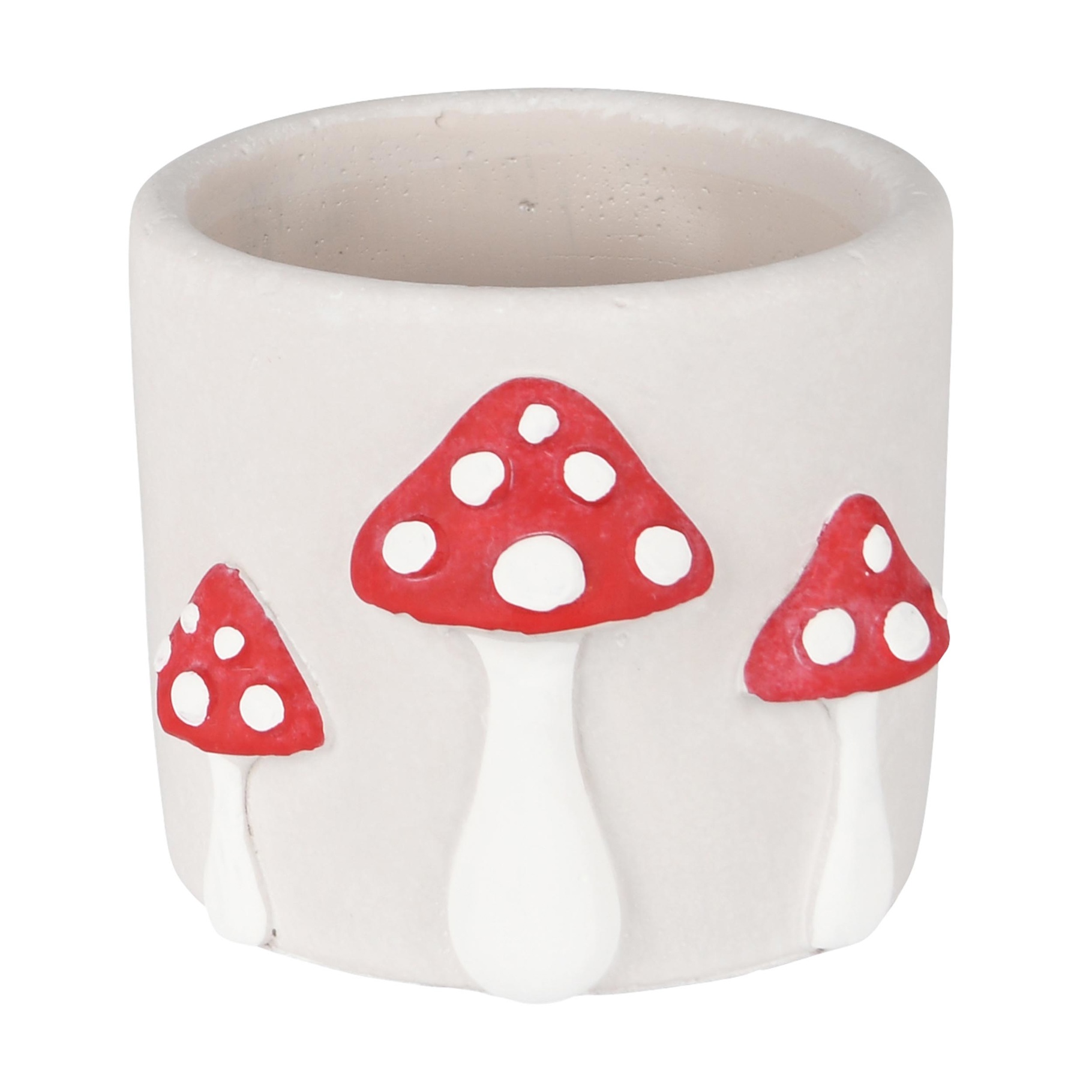 Dekoratief | Bloempot m/paddenstoelen, wit/rood, cement, 12x11x10cm | A235088