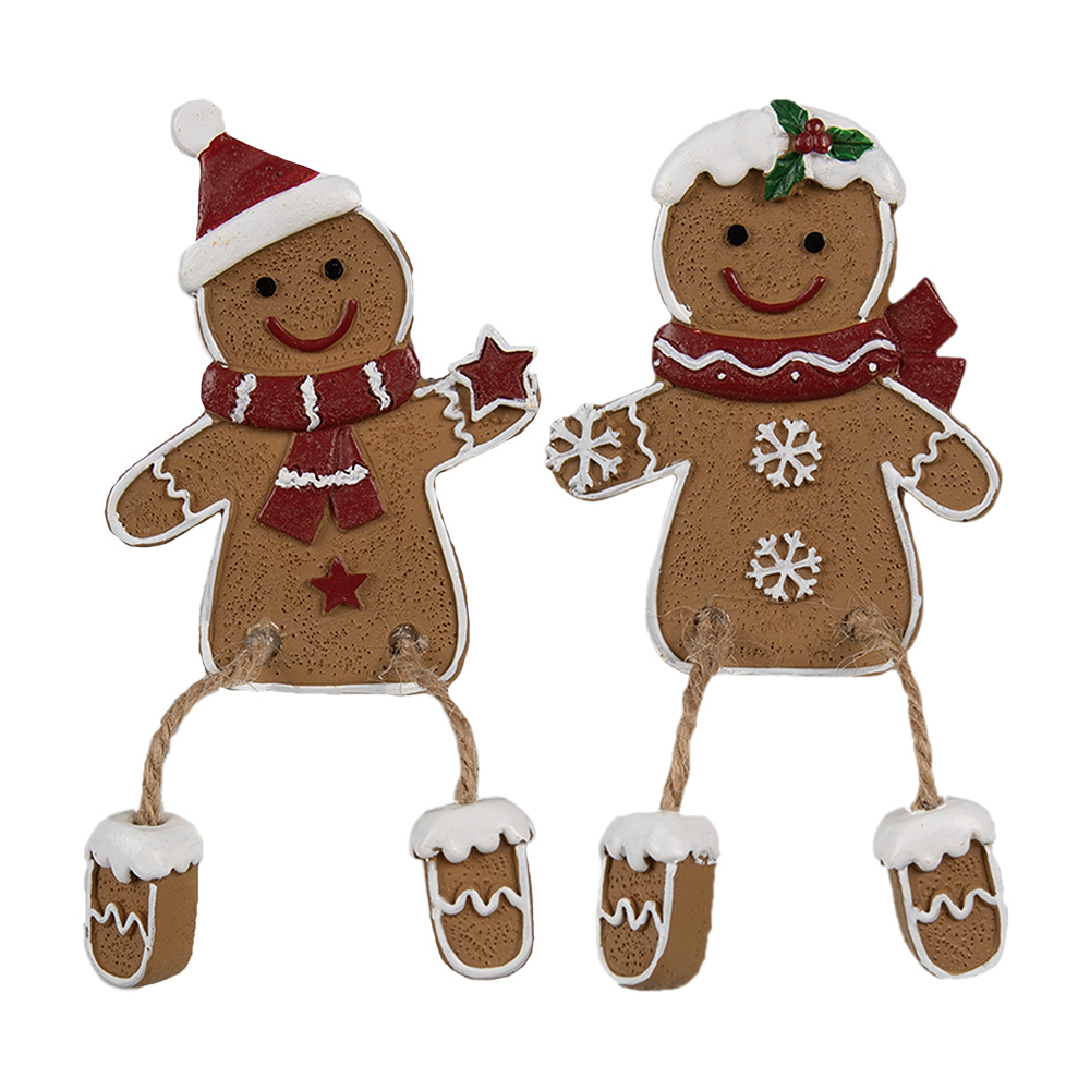 Clayre & Eef | Decoratie peperkoekpoppenset van 2 Bruin Wit 7x2x9 cm | 6PR4196