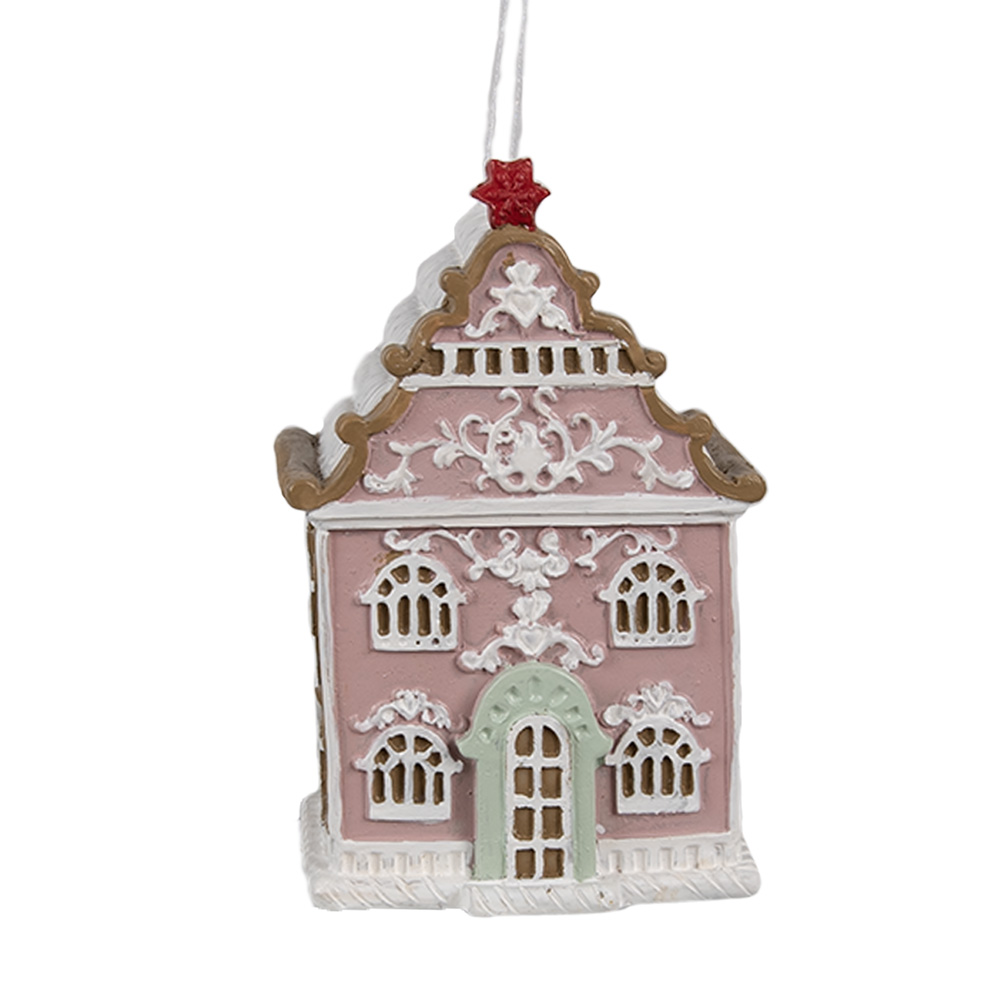 Clayre & Eef | Decoratie hanger huisje Roze Wit 6x4x9 cm | 6PR4215