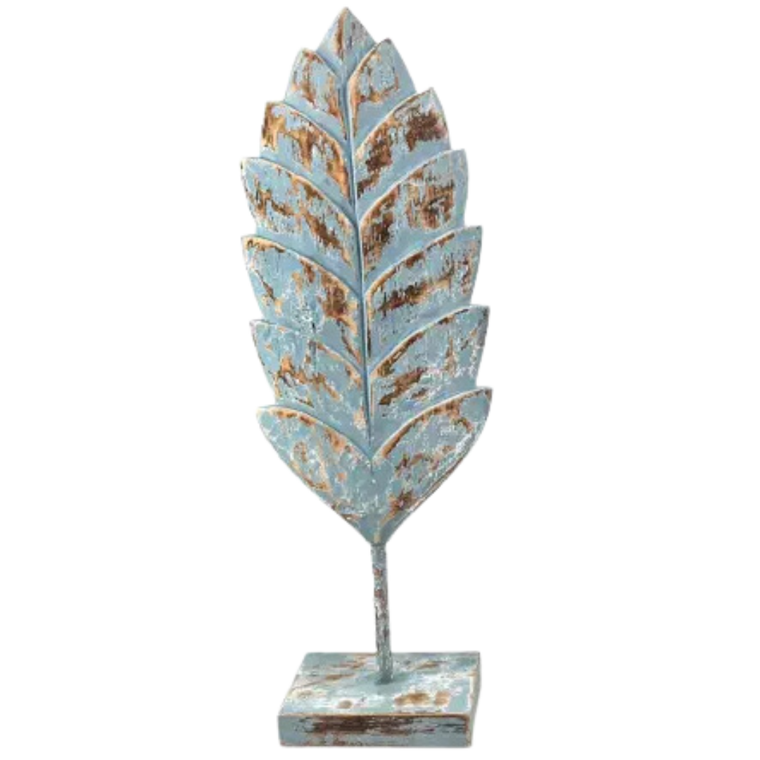 Blad/veer carving L op voet 54x19x9cm zee blauw hout| WA7976 | Woodart | Stoer & Sober Woonstijl