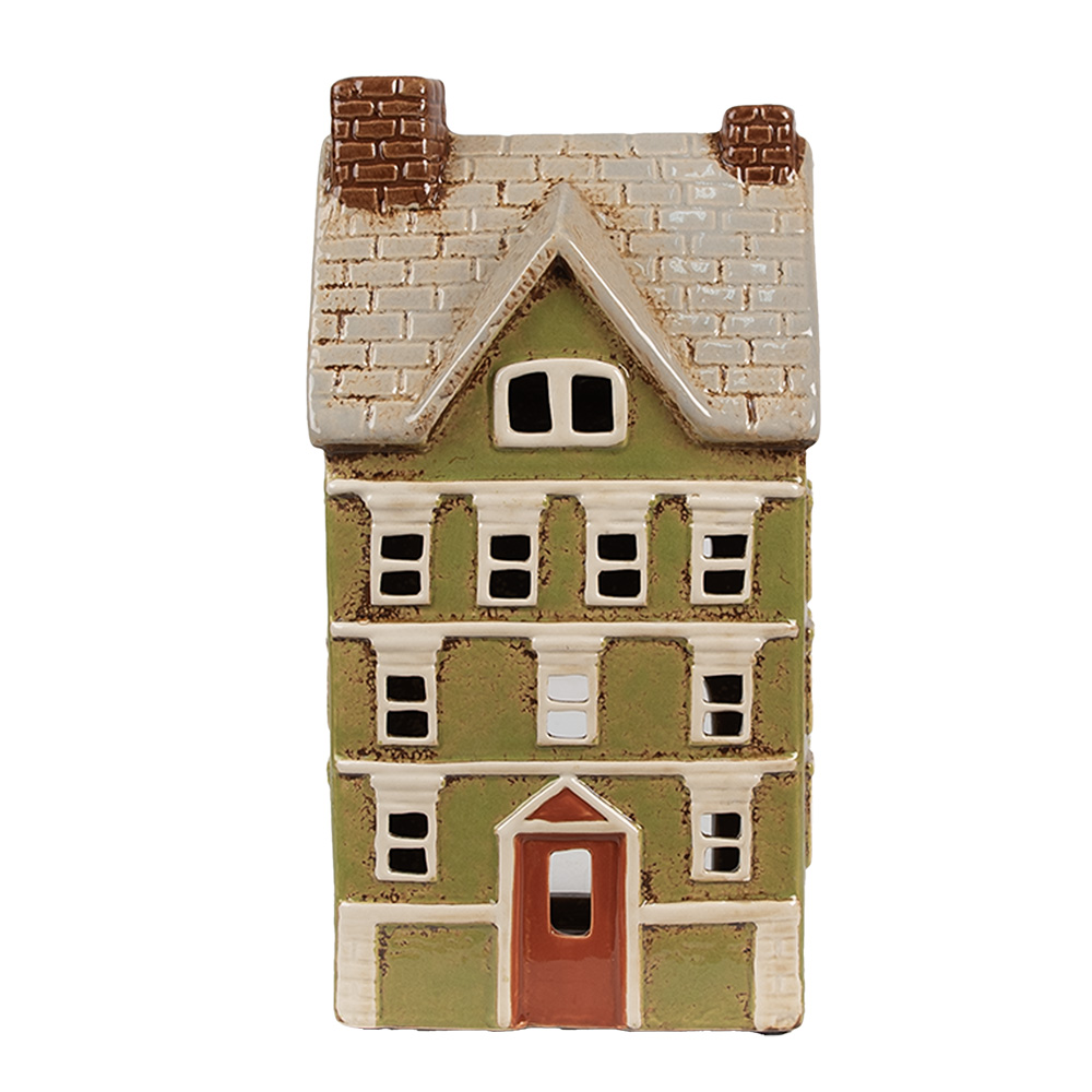 Clayre & Eef | Theelichthouder Kerst Huisje Groen Beige 14x10x26 cm | 6CE1870