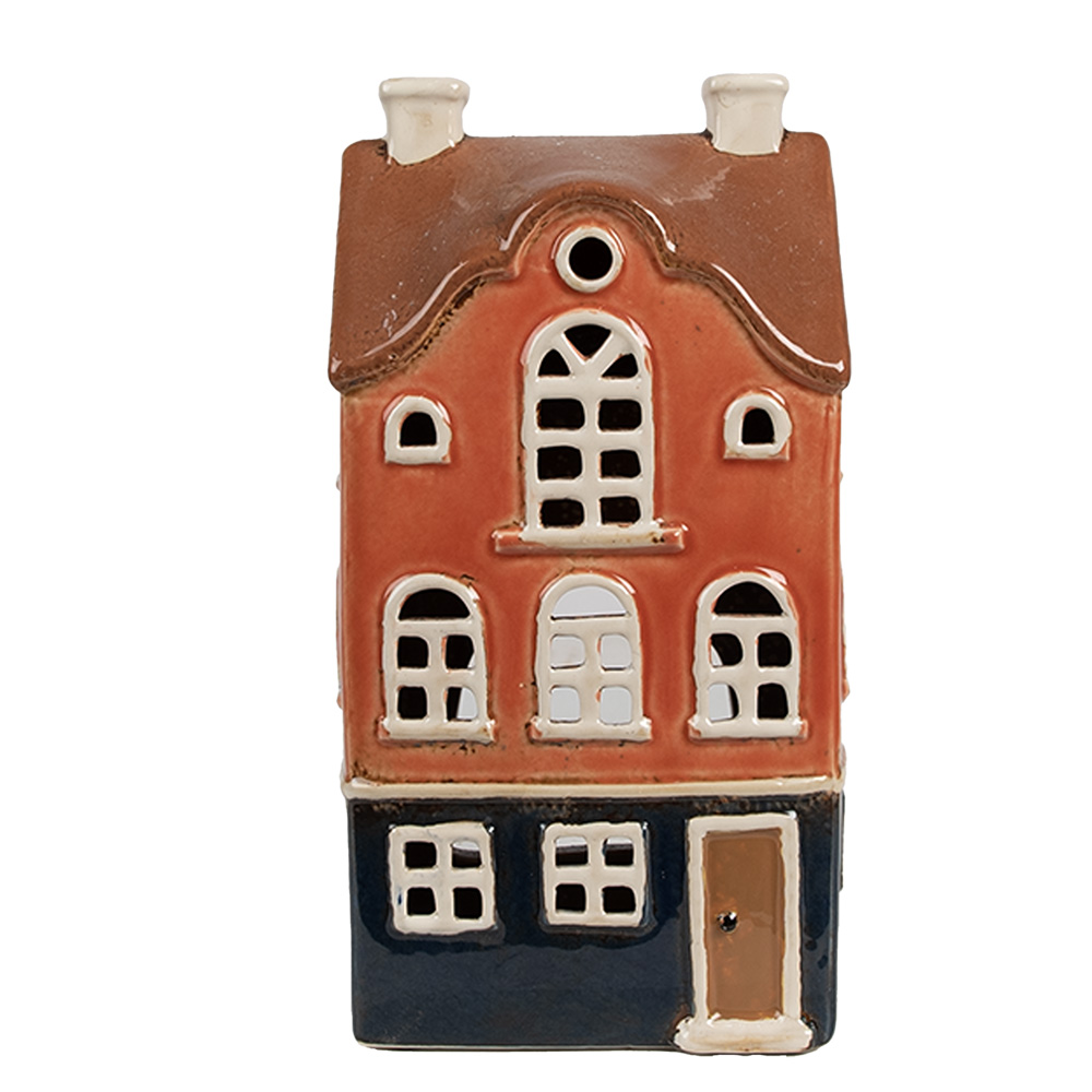 Clayre & Eef | Theelichthouder Kerst Huisje Oranje Blauw 12x9x22 cm | 6CE1914