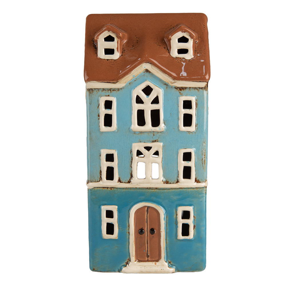 Clayre & Eef | Theelichthouder Kerst Huisje Blauw Bruin 11x9x22 cm | 6CE1915
