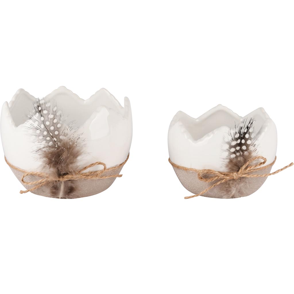 Dekoratief | Set 2 opvuleieren m/pluimpje, wit/naturel, keramiek, 13x13x9cm | A250931