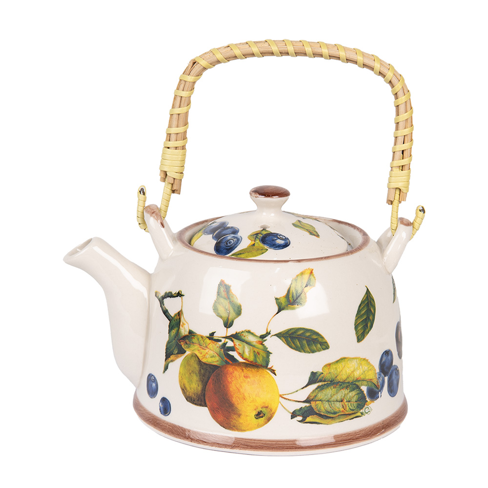 Clayre & Eef | Theepot met Filter Wit Oranje 18x14x12 cm / 800 ml | 6CETE0177