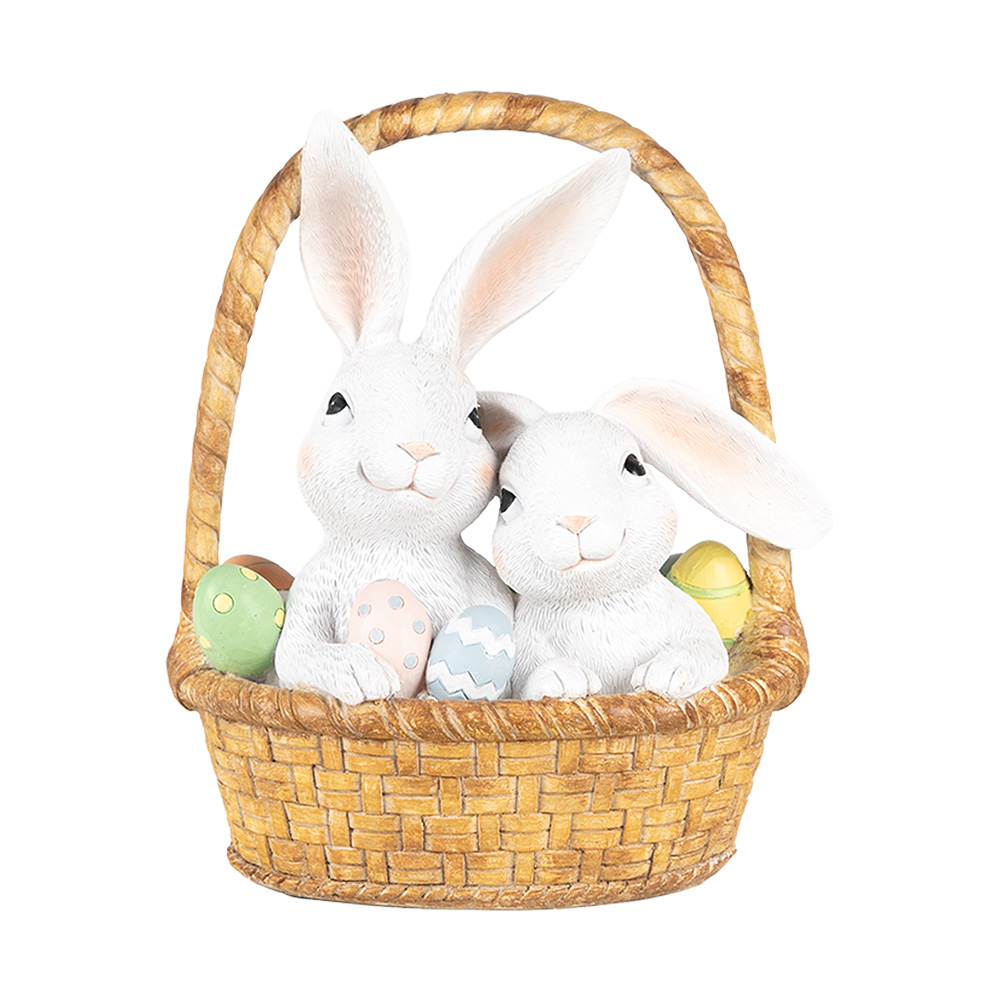 Clayre & Eef | Decoratie Beeld Konijnen in mand Wit Bruin 17x13x20 cm | 6PR5219