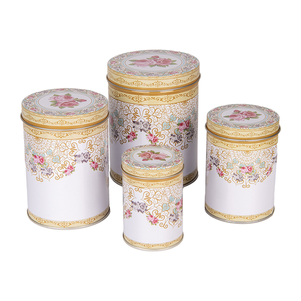 Clayre & Eef | Opbergdoos set van 4 Wit Roze ø 11x14 /ø 9x13 /ø 8x11 /ø 6x9 cm | 6BL0140