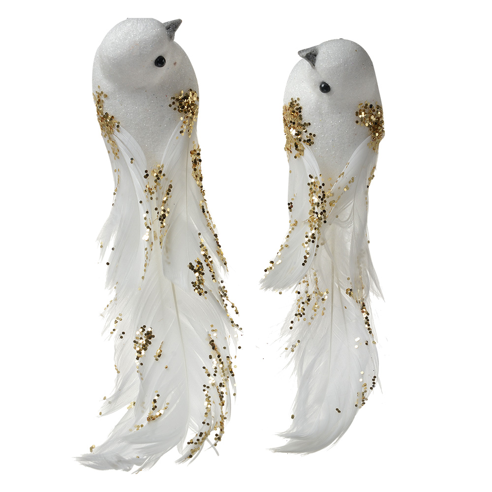 Clayre & Eef | Decoratie Vogel (Set van 2) Wit Goudkleurig 15x8x5 cm | 66145