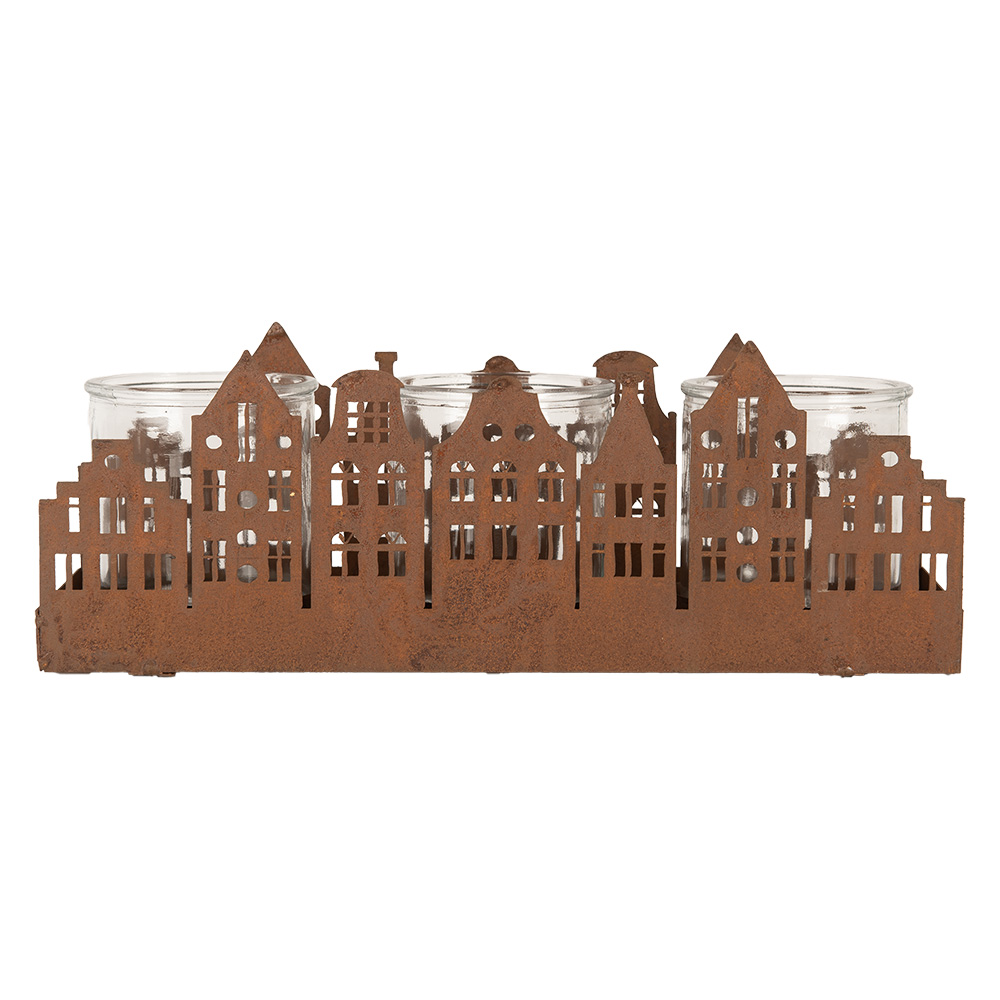 Clayre & Eef | Theelichthouder Kerst Huisjes Bruin 30x9x11 cm | 6Y5783