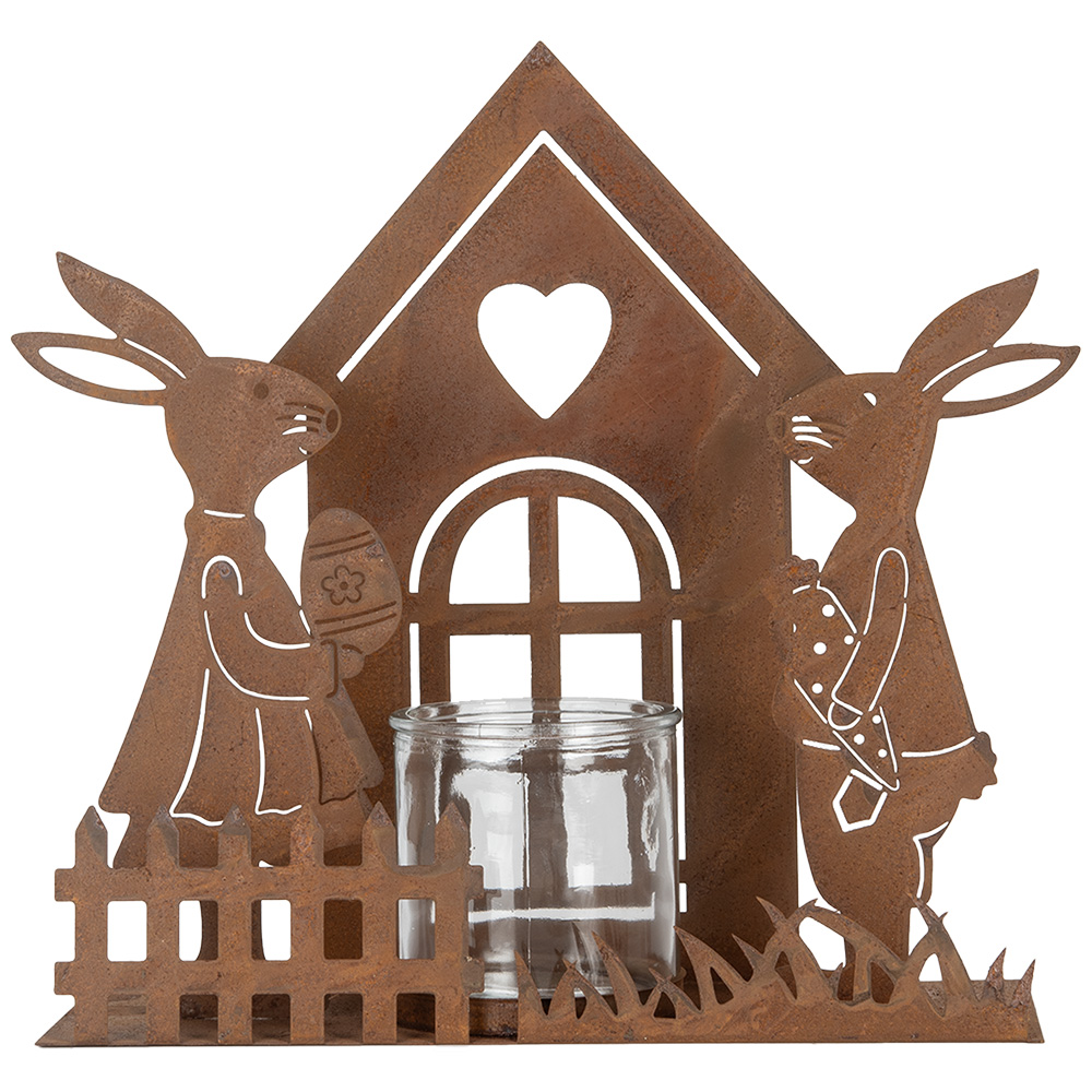 Clayre & Eef | Theelichthouder Huisje met konijnen Bruin 26x9x26 cm | 6Y5786