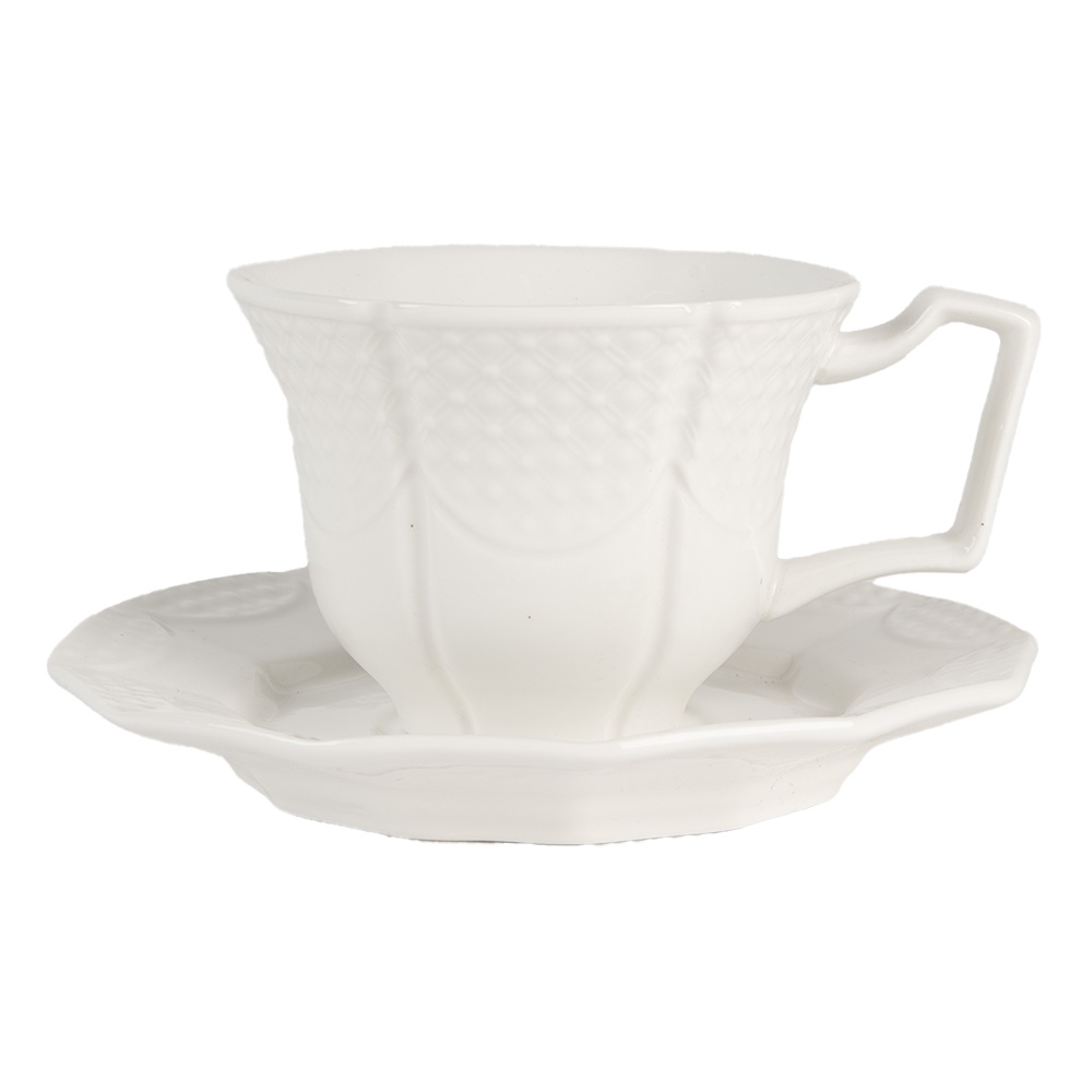 Clayre & Eef | Kop en schotel Wit 12x9x6 / ø 14x2 cm / 175 ml | 6CEKS0009