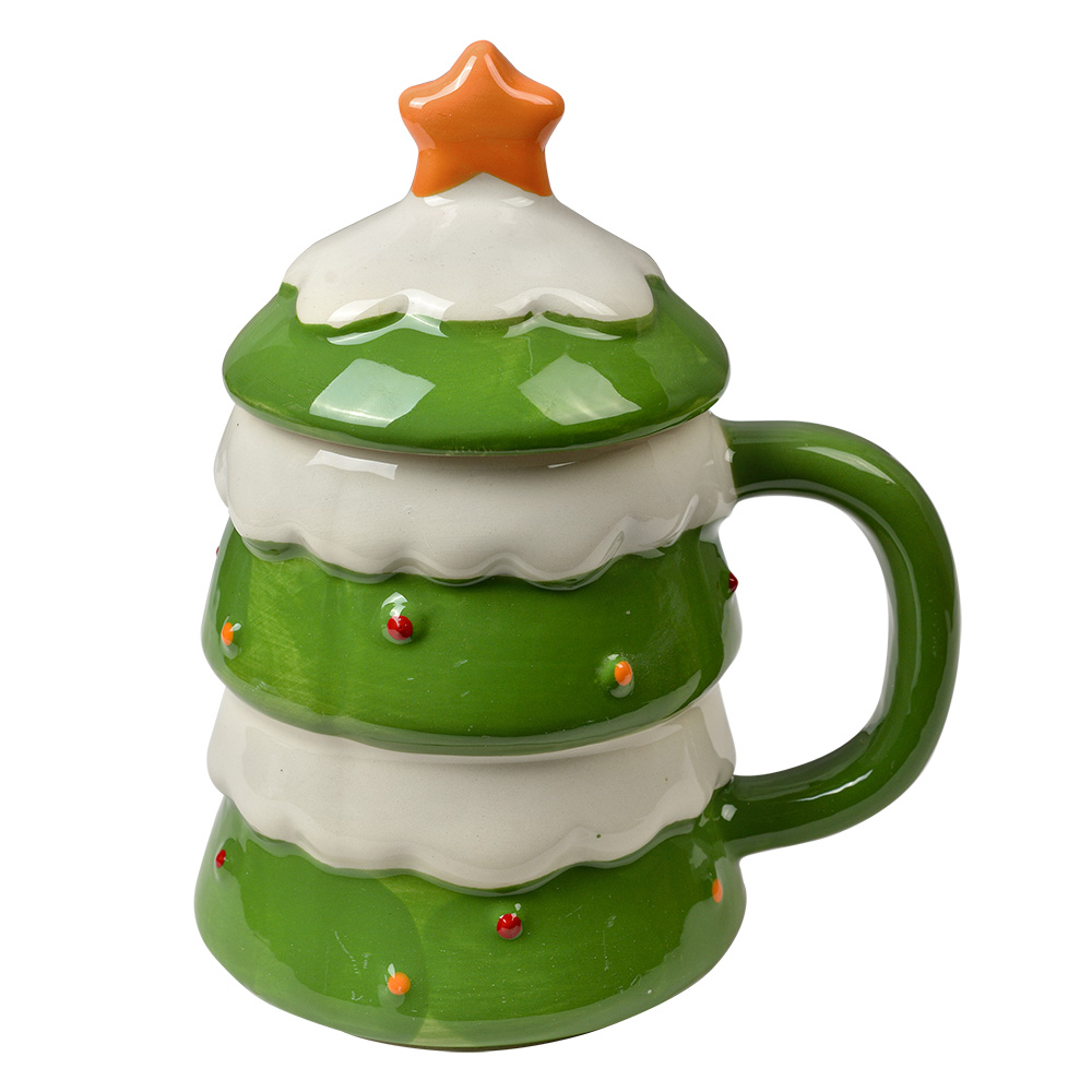 Clayre & Eef | Mok met deksel Groen Beige 13x9x16 cm / 350 ml | 6CEMU0192