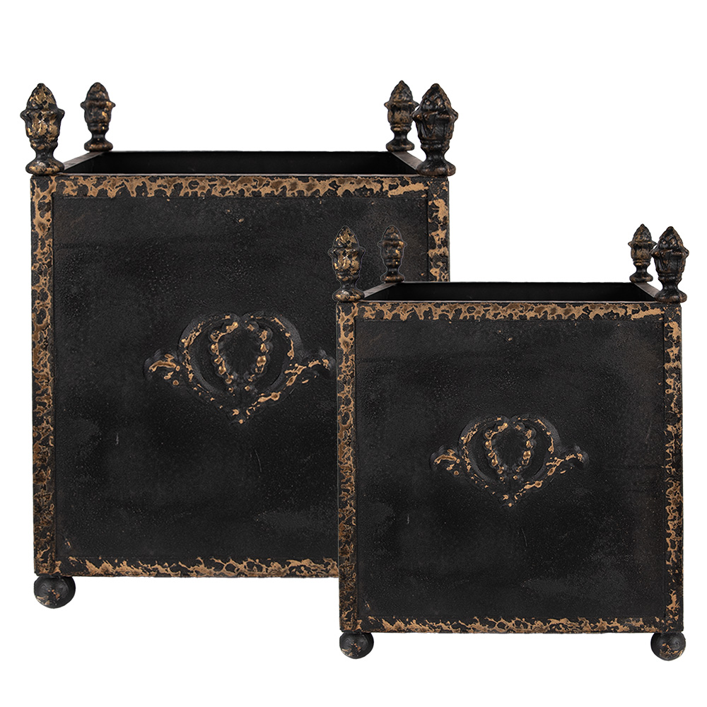 Clayre & Eef | Bloempotten Binnen Set van 2 Zwart Bruin 42x42x51 / 32x32x41 cm | 5Y1293