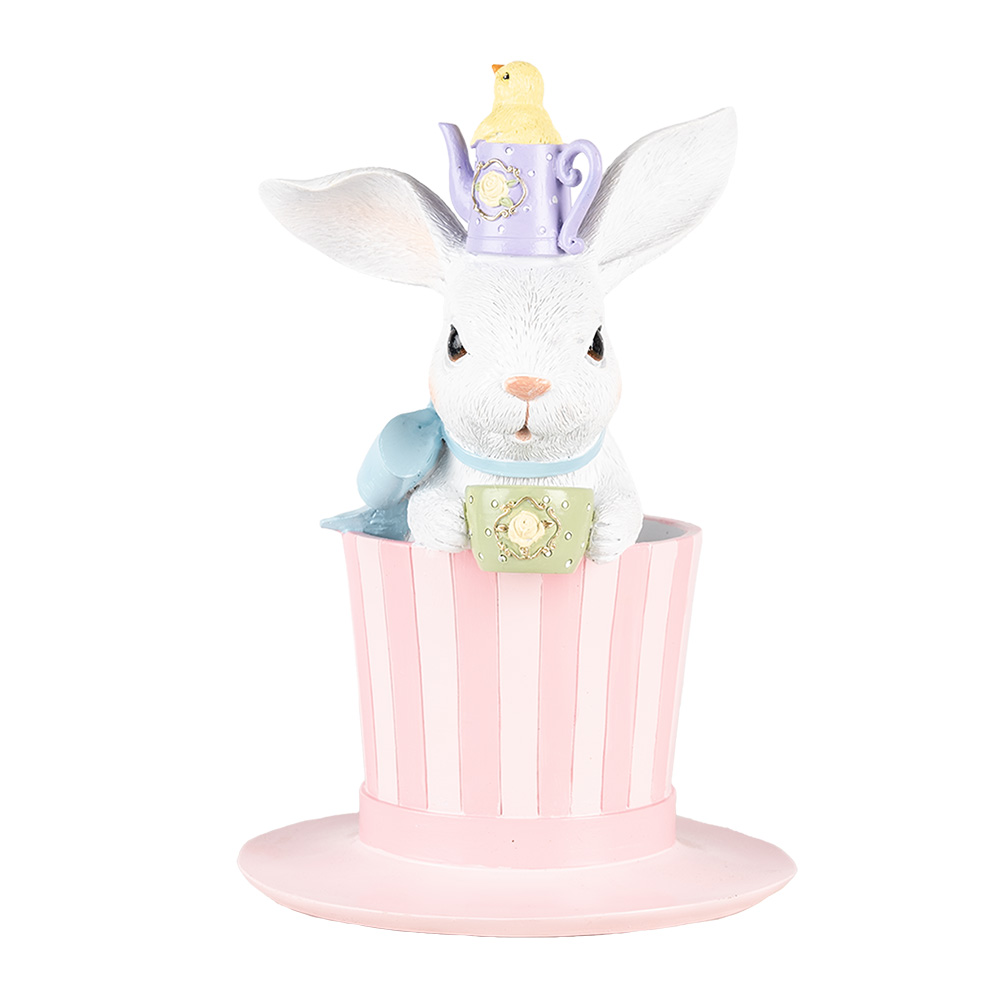 Clayre & Eef | Decoratie Konijn op hoed Wit Roze &oslash; 18x26 cm | 6PR5221