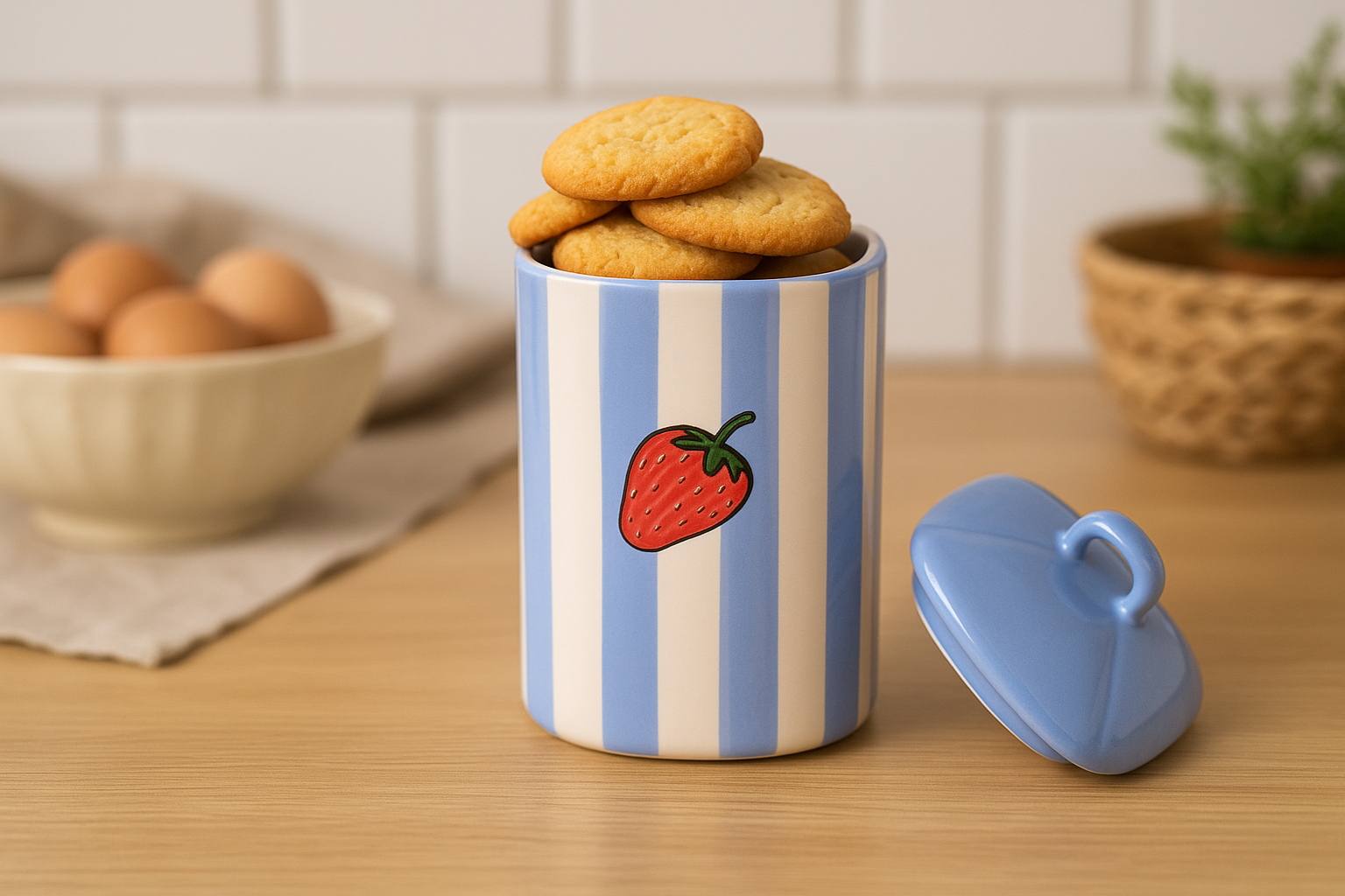 Voorraadpot Fruity Strawberry blauw wit handgemaakt 18 x 11 cm  | VP.ST.00| Dishes & Deco