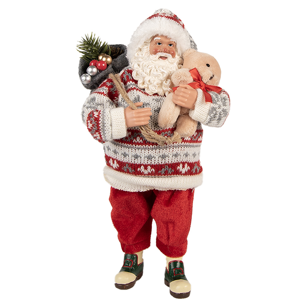 Clayre & Eef | Kerstdecoratie Kerstman Rood Wit 13x13x28 cm | 66232