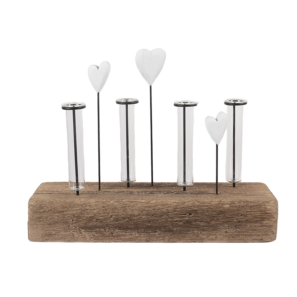 Clayre & Eef | Glazen Vaasjes in Houder Bruin Wit 30x9x23 cm | 6H2432