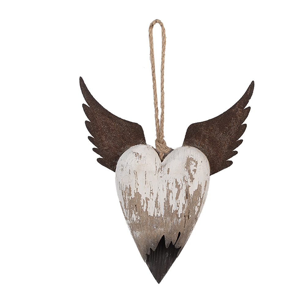 Clayre & Eef | Decoratie hanger Hart Wit Bruin 18x3x22 cm | 6H2415M