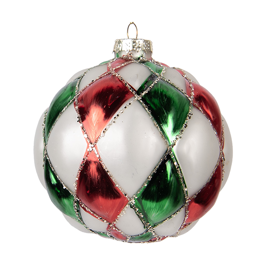 Clayre & Eef | Kerstbal Wit Rood ø 10x10 cm | 6GL5186