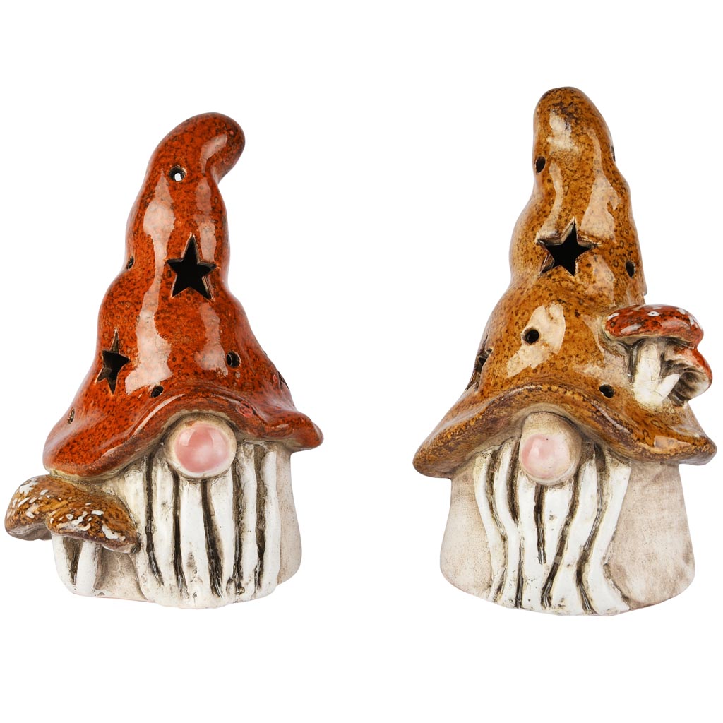 Dekoratief | Theelichthouder herfstgnoompje, keramiek, 12x10x17cm, set van 2 stuks | A255017