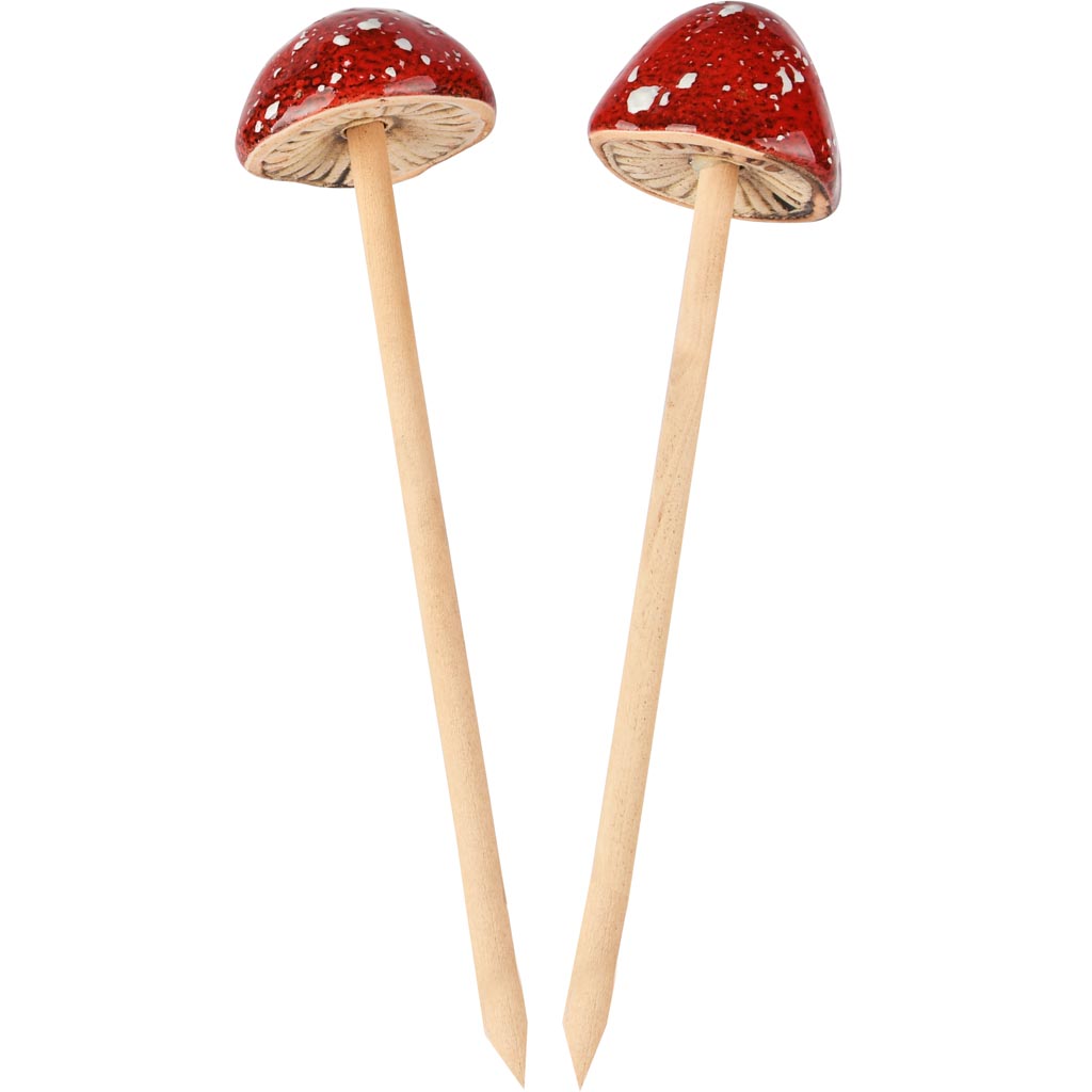 Dekoratief | Prikker paddenstoel, rood/wit, keramiek/hout, 5x5x4cm, set van 2 stuks | A255018