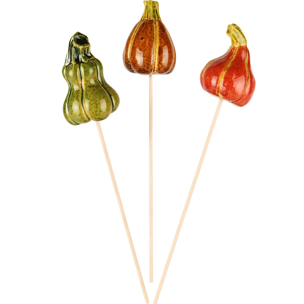 Dekoratief | Prikker pompoen, groen/oranje/bruin, keramiek/hout, 5x5x7cm, set van 3 stuks | A255028