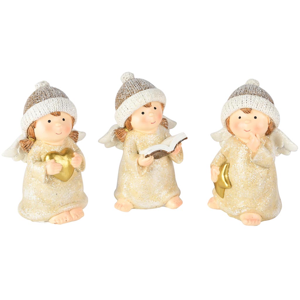 Dekoratief | Engeltje m/hartje/ster/boek, goud/wit, resina, 9x7x12cm, set van 3 stuks | A255070