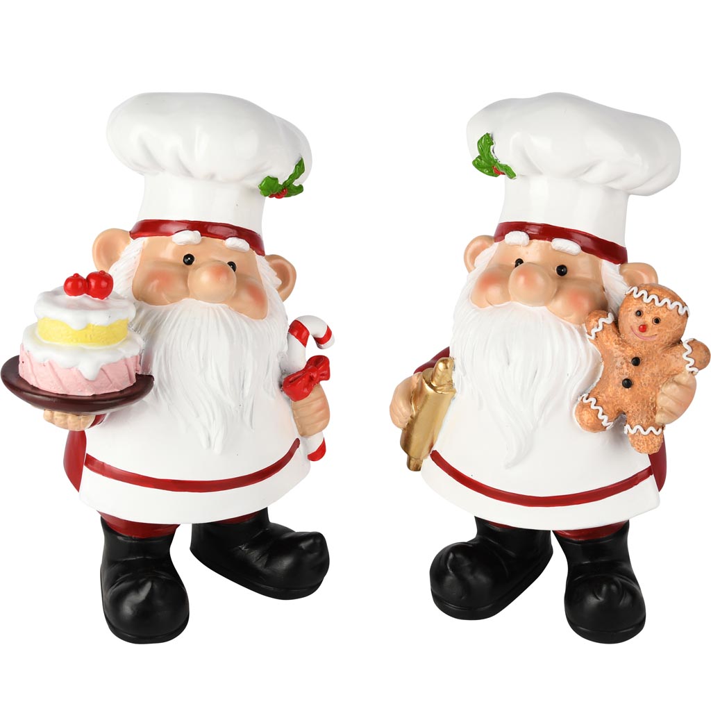 Dekoratief | Santa bakker staand m/gebak, wit/rood, resina, 14x10x20cm, set van 2 stuks | A255083