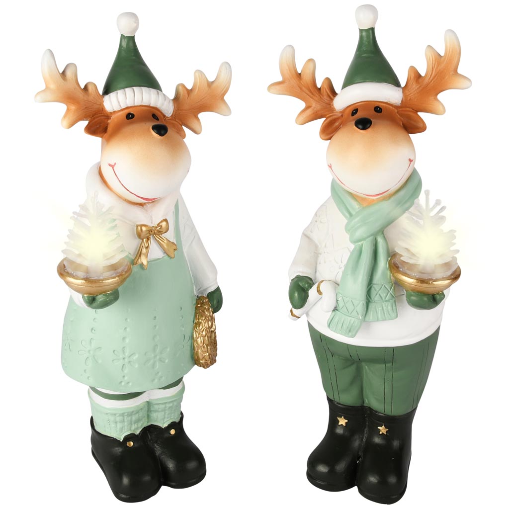 Dekoratief | Rendier staand m/boompje, groen/wit, resina, LED, 12x8x26cm, set van 2 stuks | A255086