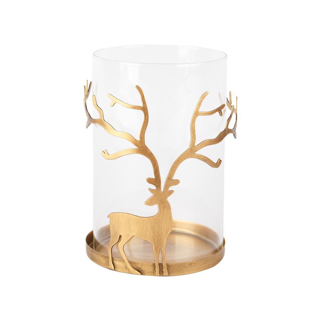 Dekoratief | Theelichthouder m/hert, goud/transparant, metaal/glas, 9x9x14cm | A255088