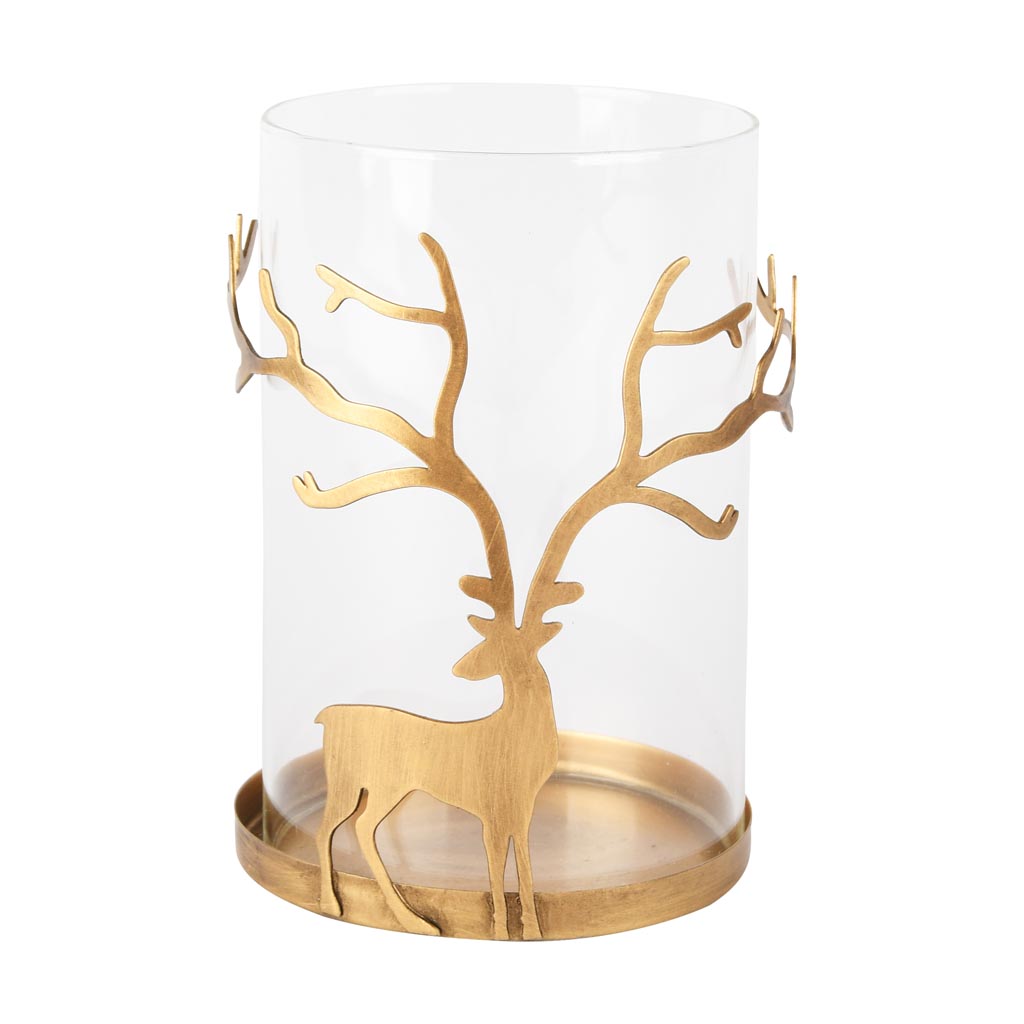Dekoratief | Theelichthouder m/hert, goud/transparant, metaal/glas, 11x11x15cm | A255089